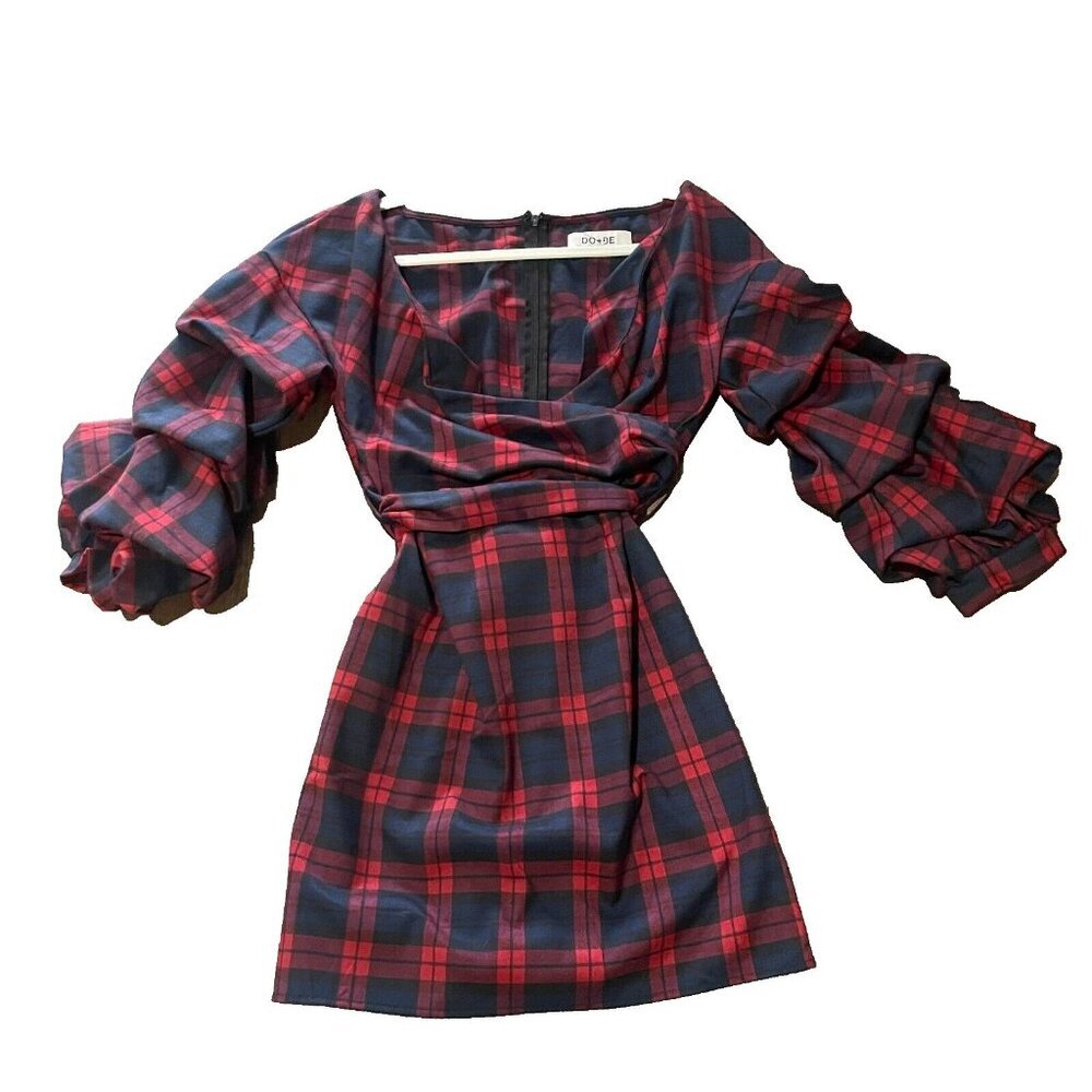 Do + Be captivating crimson and cobalt plaid puff sleeve midi belted dress M